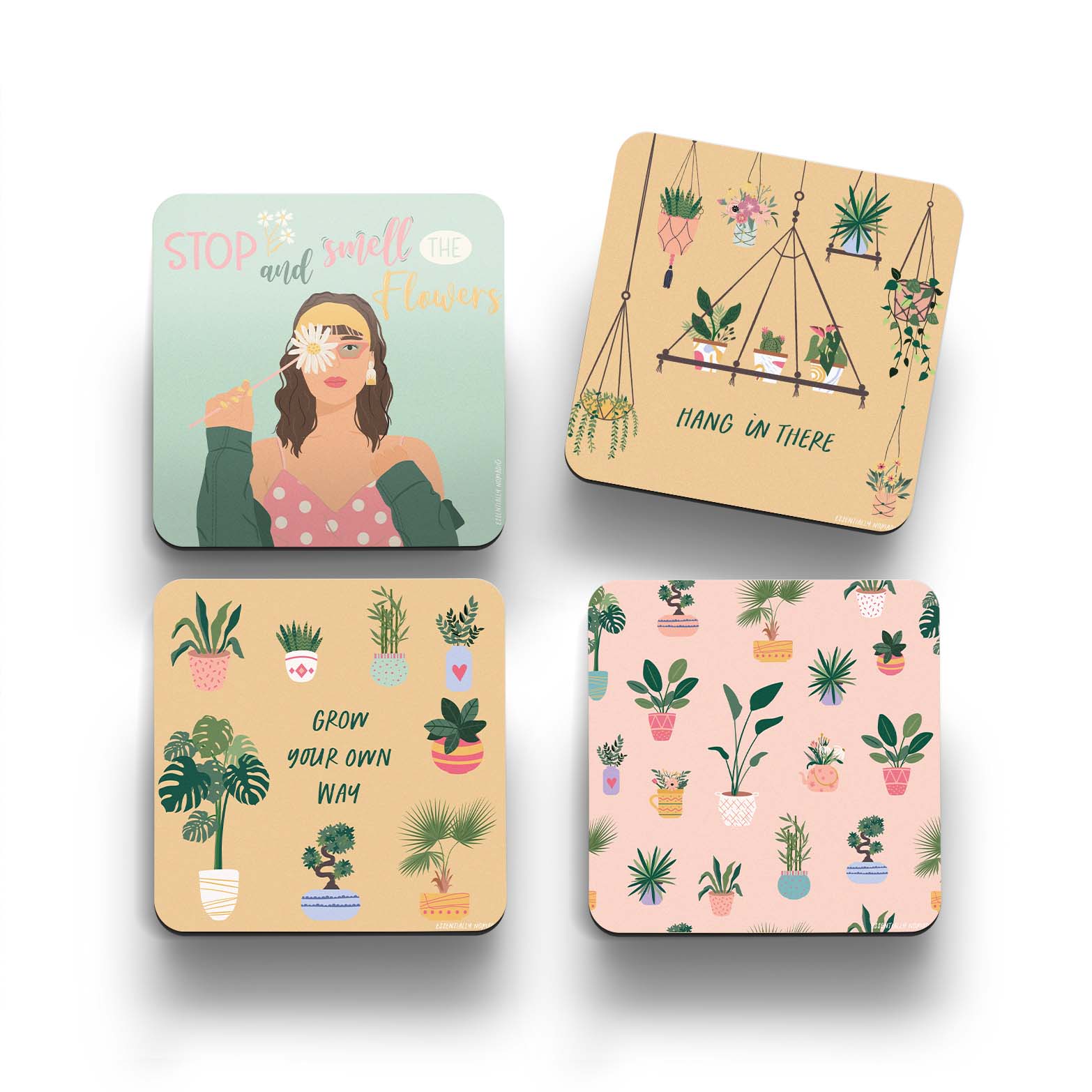 Pretty Plant illustrated Assorted Coaster Set of 4