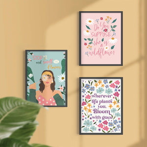 Set of 3 Floral Art Prints with Motivational quote.