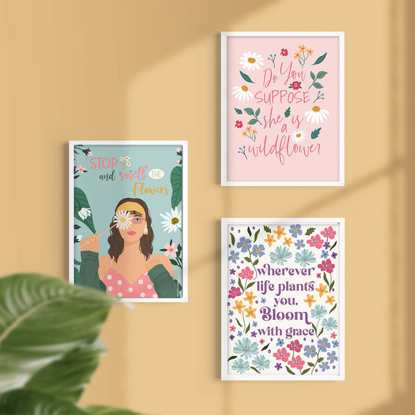 Set of 3 Floral Art Prints with Motivational quote.