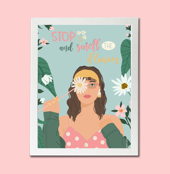 Stop and smell the flowers - Illustrated Girl Wall Art