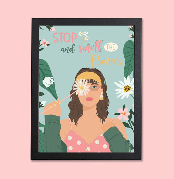 Stop and smell the flowers - Illustrated Girl Wall Art