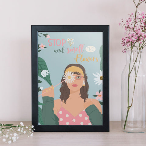 Stop and smell the flowers - Illustrated Girl Wall Art